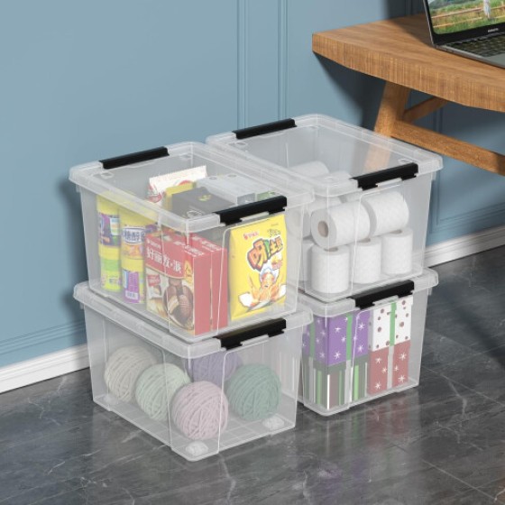 22 Quart Clear Latch Storage Box Set, 4 Pack Stackable Home Organization Containers with Lid and Buckle Closure